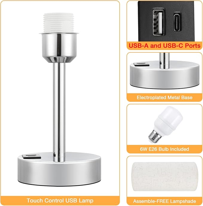 Dicoool Touch Table Lamp for Bedroom Nightstand - Bedside Lamp with USB-C USB-A Charging Ports White, 3 Way Dimmable Small Desk Lamp for Bedroom, Dorm Room, Office, Living Room, Reading, Bathroom