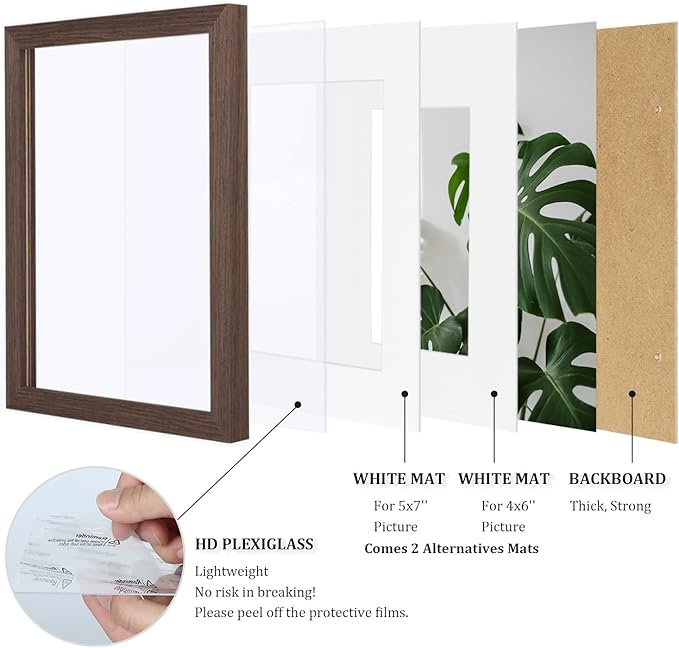 Egofine 8x10 Picture Frames Set of 4, Made of Solid Wood Covered by Plexiglass 4x6 and 5x7 with Mat or 8x10 without Mat, for Table Top Display and Wall Mounting Photo Frame Brown
