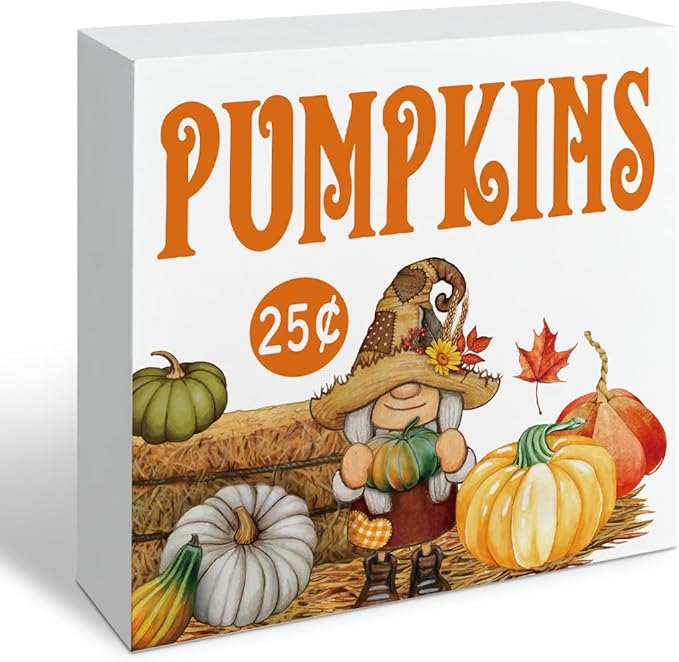 Fall Home Decor, Gnome Decors, Autumn Thanksgiving Wooden Sign, Pumpkin Artwork Decor for Home Office, Decorative Wooden Box Signs, Rustic Tabletop Decors, Pumpkin Wood Signs A6