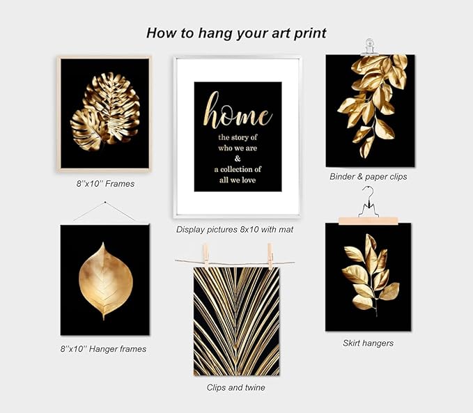 Gold Leaf Art Prints,Modern Black Gold Botanical Tropical Plant Leaves Wall Art Decor,Foliage Inspirational Quotes Canvas Gallery Poster Prints for Bedroom Room Home Decor,Set of 6 (8"X10" Unframed)