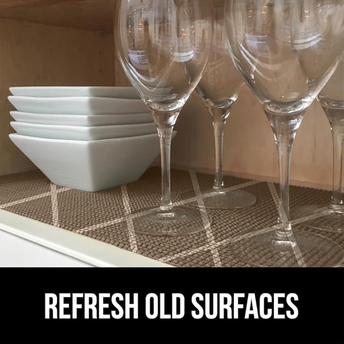 GORILLA GRIP powerGRIP Drawer Shelf and Cabinet Liner, Thick Strong Hold, Non-Adhesive Liners Protect Kitchen Cabinets and Cupboard, Bathroom Drawers, Easy Install, Breathable Mat, 17.5" x30', Beige