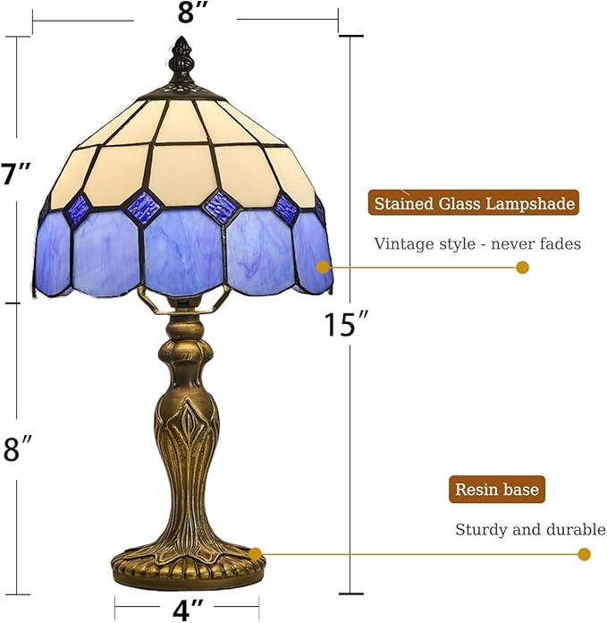 Tiffany-Style 8 Inch Table Lamp Mediterranean Series Stained Glass Lampshades Small Bedside Lamp Reading Antique Desk Light Livingroom Bedroom Office Vintage Art Deco Victorian(Color:Blue)