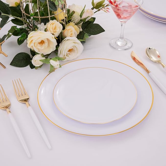Nervure 100 Pieces Gold Plastic Plates - 10.25 inch Gold Dinner Plates - Heavyweight White and Gold Disposable Plates Ideal for Wedding & Party & Thanksgiving