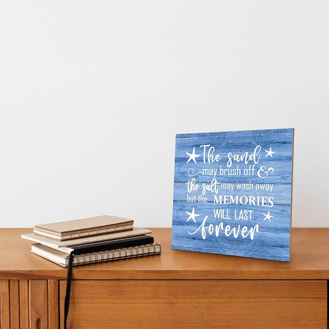Beach Wood Sign, “The Sand May Brush Off the Salt May Wash Away but the Memories Will Last Forever”, Wooden Plaque Table Art Sign, Ocean Theme Home Decorations, Coastal House Decor, Family Sign D