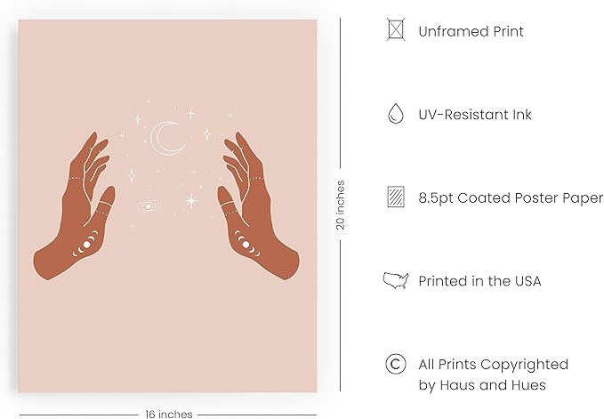 HAUS AND HUES Astrology Posters and Celestial Hands on Sides Decor - Room Decor and Spiritual Posters and Prints, Sun and Moon Wall Art Astrology Wall Decor, Boho Artworks (Unframed 16x20)