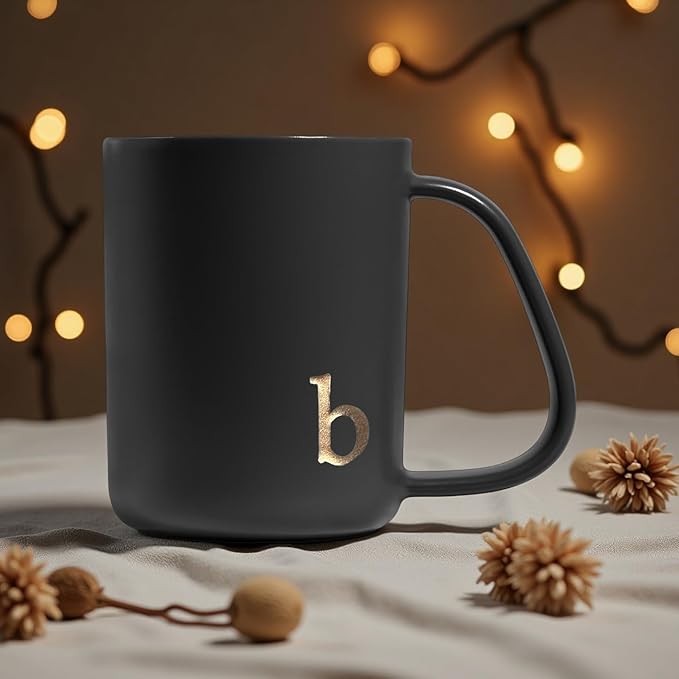 COLLECTIVE HOME - Ergonomic Handle Ceramic Mug, 15 oz Personalized Coffee Cup with Golden Initial, Microwave & Dishwasher Safe, Elegant Monogram Tea Mug in Gift Box for Home & Office (Black-b)