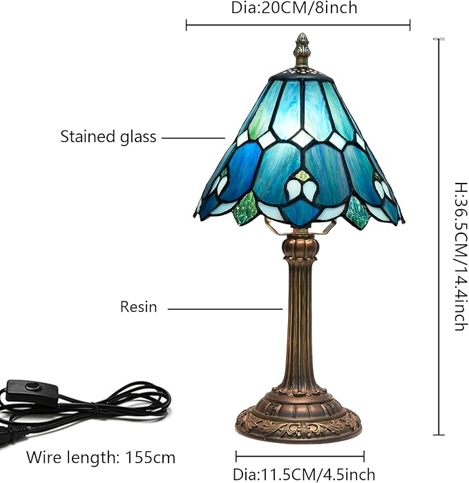 8 Inch Tiffany Style Colorful Lamp, Blue Green Umbrella Retro Design Bedside Lamp, Suitable for Bedroom, Dormitory Cafe and Other Home Art Decoration