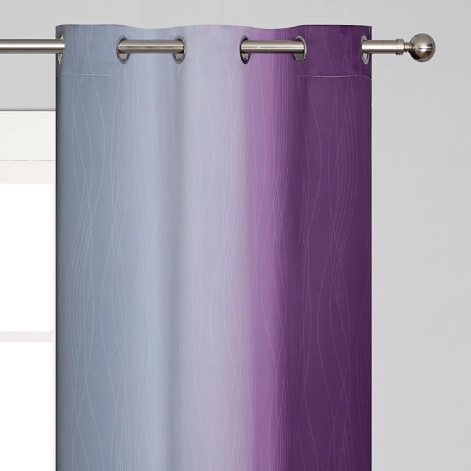 Purple and Grey Blackout Curtains 84 Inches Long,Ombre and Wavy Line Pattern 100% Blackout Curtains for Bedroom,Full Light Blocking Grommet Thermal Insulated Drapes for Kids Room, 42x84 Inch, 2 Panels