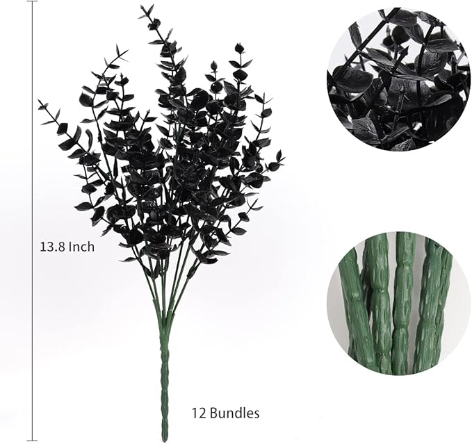 RECUTMS 12 Bundles Artificial Flowers Outdoor UV Resistant Outdoors Fake Plants Faux Plastic Flower for Hanging Planters Outside Porch Vase Home Window Decoration,Spring Decorations(Black Eucalyptus)