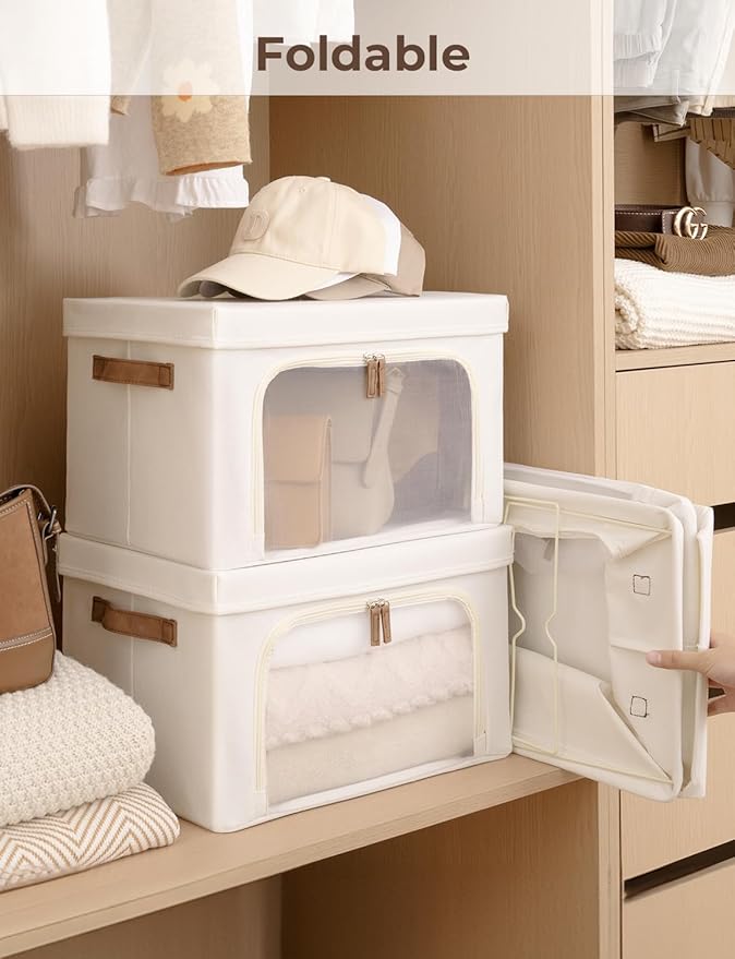 StorageWorks Storage Bins with Lids, Decorative Boxes with Clear Window for Clothes, Fabric Collapsible Baskets for Closet Organization, Medium, Beige, 3 Packs