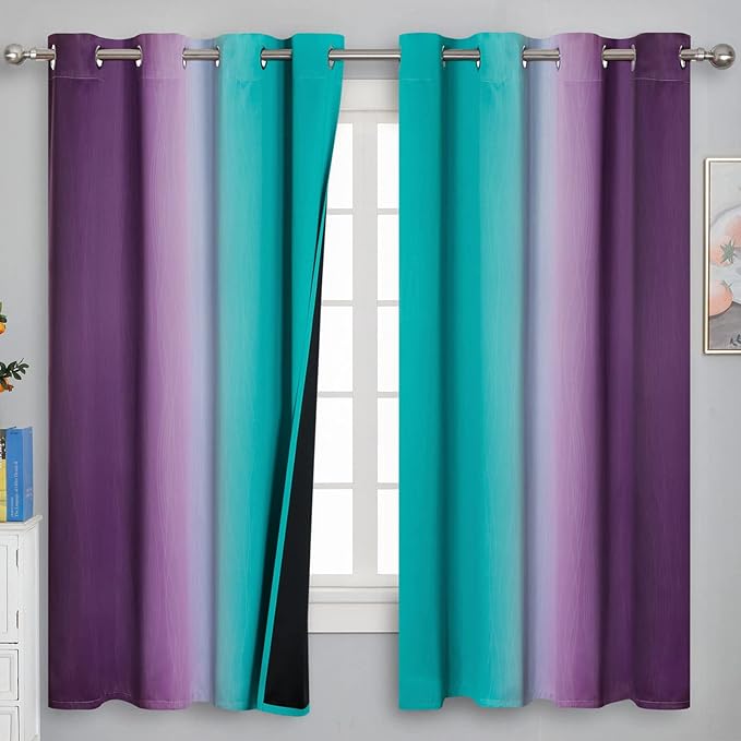 Teal and Purple Gradient Curtains 63 Inch Length 2 panels, Ombre and Wavy Line Pattern Blackout Curtains for Kids Room, Full Light Blocking Thermal Insulated Grommet Drapes for Bedroom, 52x63 Inch