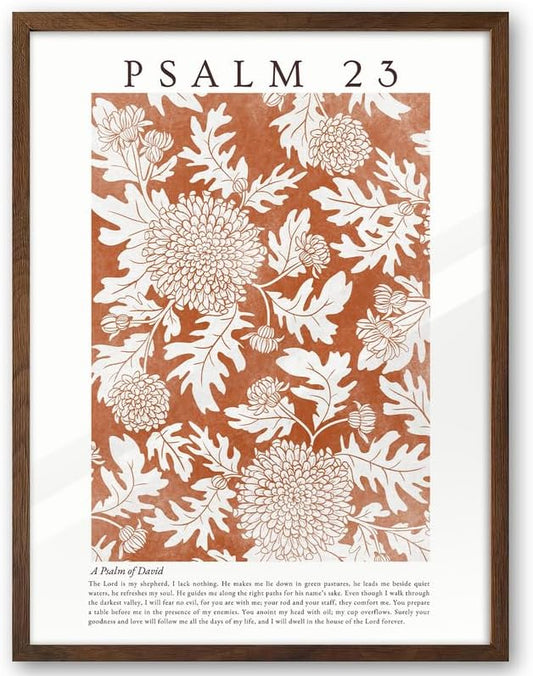 EcoHest Christian Bible Verse Framed Wall Art, 12x16 in Walnut Color OAK Wood A Psalm of David Canvas Wall Art, Psalm 23 Orange Faith Home Decor, Thanksgiving Scripture 1Pack for Bedroom Living Room