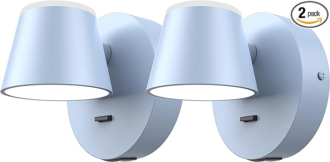 URSOLA Wall Light Set of Two, LED Wall Sconce with On/Off Switch USB Charging Port 110 Volt Hardwired Wall Lamp 350 Rotatable Up Down Sconces Wall Lighting (Blue)