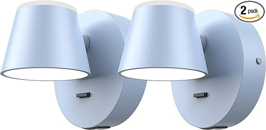 URSOLA Wall Light Set of Two, LED Wall Sconce with On/Off Switch USB Charging Port 110 Volt Hardwired Wall Lamp 350 Rotatable Up Down Sconces Wall Lighting (Blue)