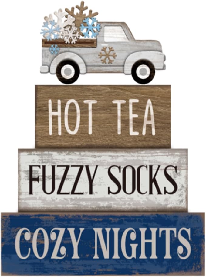 4 Pcs Wooden Winter Tabletop Decor Blue and White Truck Tiered Tray Decor Rustic Winter Wooden Block Sign Gift Christmas Centerpiece Farmhouse Christmas Table Decoration for Kitchen Shelf