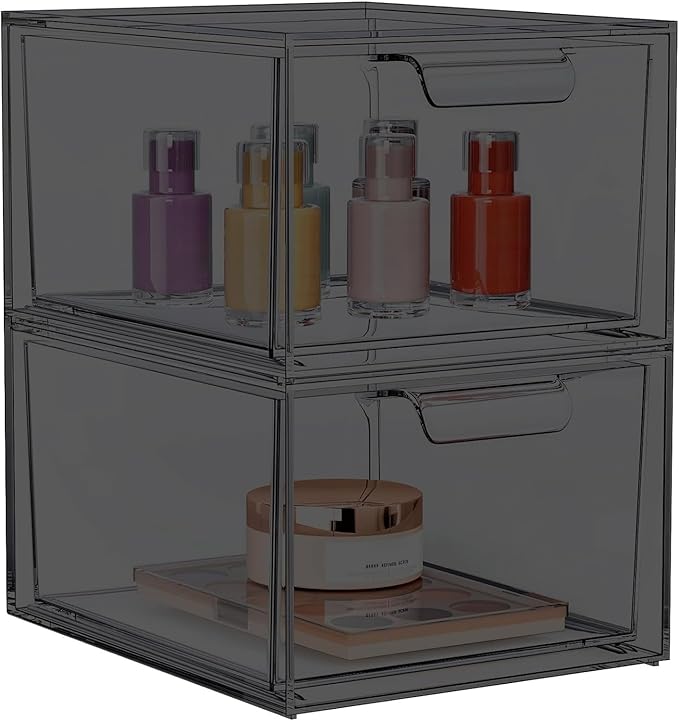 2 Pack Stackable Makeup Organizer and Storage, Acrylic Organizers，Clear Plastic Storage Drawer with Pull-Out Handles for Vanity, Undersink, Kitchen Cabinets, Pantry, Black