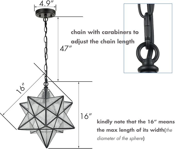 Modern Moravian Star Pendant Light Seeded Large Glass Hanging Lights with Adjustable Chain, 16'' Diameter Shade Lighting for Kitchen Porch Dining Foyer Bedroom