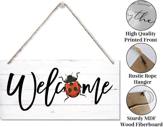 Welcome Decor Sign, Hanging Wood Sign Home Decorative, Printed Wood Wall Art Sign, Ladybug Welcome Sign, Door Sign, Front Door Wall Art Decor, Welcome Sign for Home Farmhouse Yard Garden 12 * 6inch