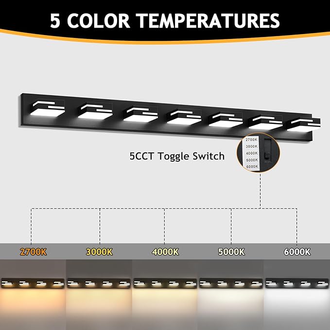 LED Modern Bathroom Vanity Light Fixtures 7-Light 5CCT Dimmable Matte Black Vanity Lights for Bathroom Lighting Fixtures Over Mirror, with 350° Rotatable Acrylic Heads, 48-inch