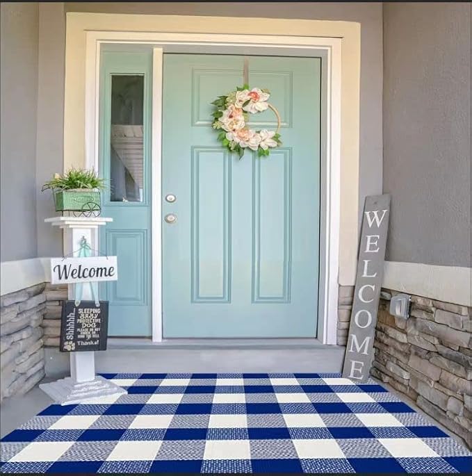 SEEKSEE Cotton Buffalo Plaid Rug 3'x5' Blue and White Checked Rug Washable Doormats Indoor Outdoor Rugs for Layered Front Door Mats, Porch, Kitchen, Farmhouse, Entryway