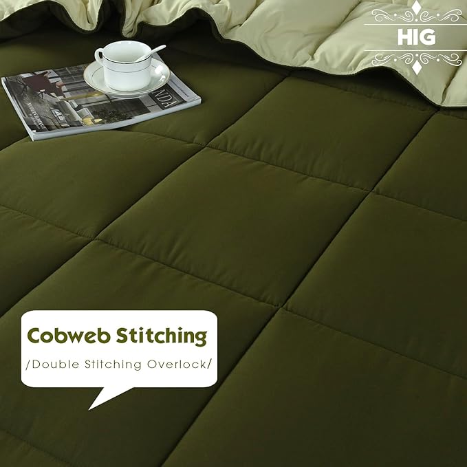 HIG 3pc Olive Green California King Comforter Set - All Season Reversible Down Alternative Comforter with Two Shams - Quilted Duvet Insert with Corner Tabs - Box Stitched - Breathable, Soft, Fluffy