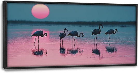 Olivine Flamingo Wall Art, Sunset Pictures Wall Decor, Beach Painting, Tropical Animal Canvas Prints, Framed Artwork for Bathroom Bedroom Living Room Office Home Decoration 60"x30"