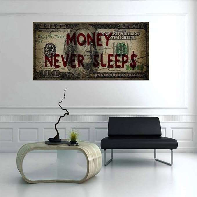 Canvas Money Wall Art Money Never Sleeps Inspirational Dollar Artwork Poster Canvas Painting Framed Ready to Hang-40x20 inches