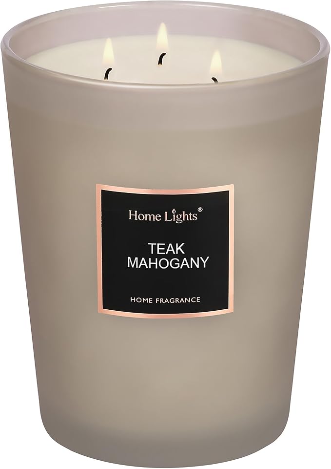 HomeLights Premium Scented Candles - 33.3 oz Natural Soy Wax, Aromatherapy for Home, Long Lasting Smokeless, 130 hrs Burn Time, 3 Cotton Wicks, Gifts for Women & Men - Teak Mahogany