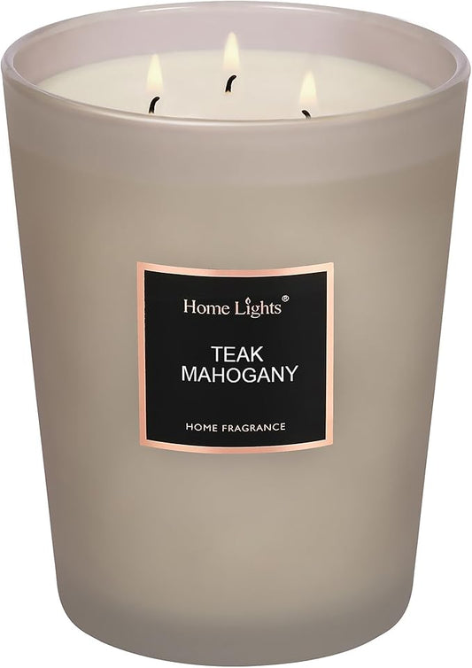 HomeLights Premium Scented Candles - 33.3 oz Natural Soy Wax, Aromatherapy for Home, Long Lasting Smokeless, 130 hrs Burn Time, 3 Cotton Wicks, Gifts for Women & Men - Teak Mahogany