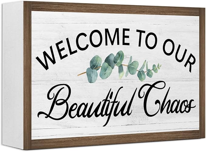 Welcome to Our Beautiful Chaos Wooden Box Sign Desk Decor,Rustic Family Saying Wood Block Sign for Home Farmhouse Bedroom Shelf Tabletop Wall Decor