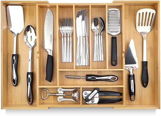 Silverware Organizer - Expandable Kitchen Drawer Organizer - Adjustable Kitchen Drawer Organizer for Utensils, Expandable to 22 Inches Wide, 10 Compartments, Silverware Tray for Drawer