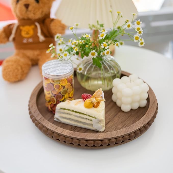 12in Round Wood Beaded Tray - Brown, Distressed Finish - Farmhouse Boho Style - Decorative Tray for Living Room, Coffee Table, Kitchen Table or Serving Tray