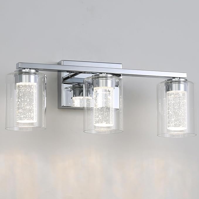 3 Light Chrome Bathroom Light Fixture, Dimmable 5CCT Chrome Bathroom Vanity Lights, 2700K-6500K Modern Crystal Bubble LED Wall Sconce Over Mirror with Clear Glass for Bedroom, Living Room