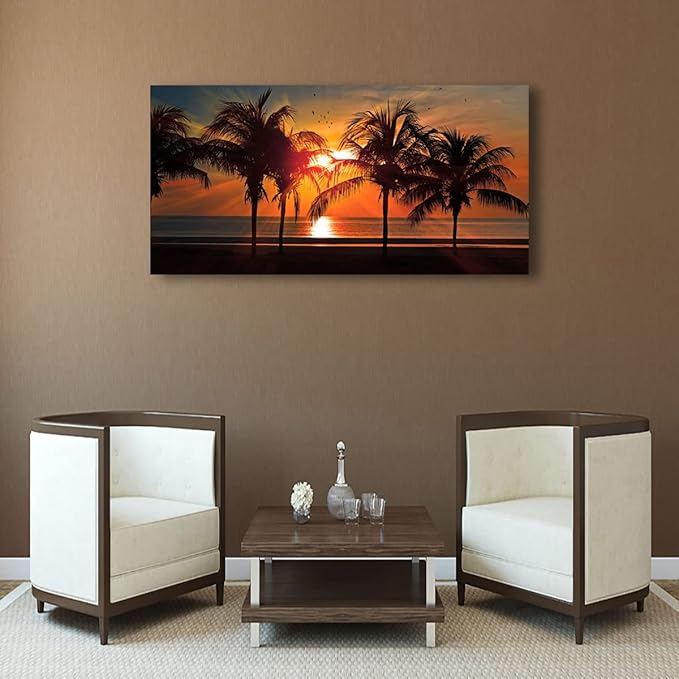Beach Canvas Wall Art Seascape Theme Pictures Home Decor Blue Ocean Coconut Tree Sunset Prints Paintings for Living Room Bathroom Bedroom Kitchen Office Decoration Natural Scenery Artwork 24x48inches