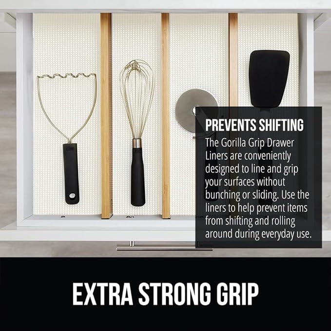 GORILLA GRIP powerGRIP Drawer Shelf and Cabinet Liner, Thick Strong Hold, Non-Adhesive Liners Protect Kitchen Cabinets and Cupboard, Bathroom Drawers, Easy Install, Breathable Mat, 17.5" x10', White