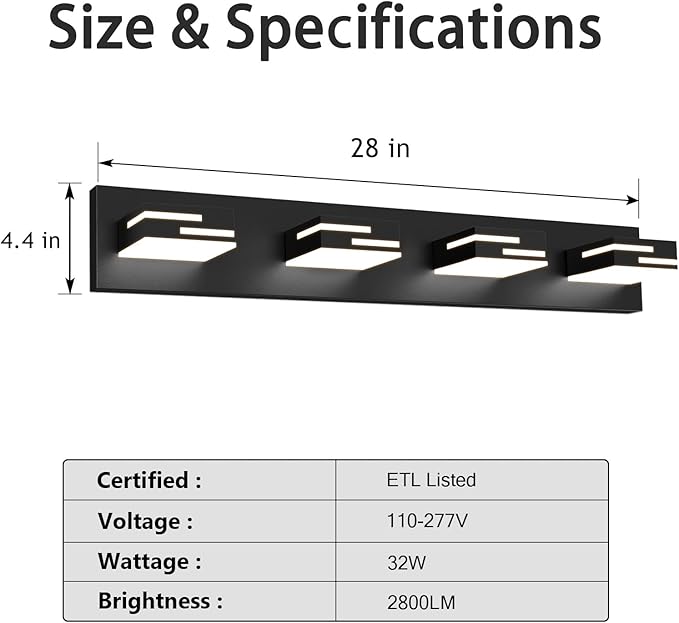 LED Modern Bathroom Vanity Light Fixtures 4-Light 5CCT Dimmable Matte Black Vanity Lights for Bathroom Lighting Fixtures Over Mirror, with 350° Rotatable Acrylic Heads, 28-inch
