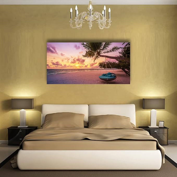 Purple Beach Palm Pictures Canvas Wall Art For Living Room Bedroom Wall Decor,Sunset Wall Art Print Paitnings For Home Decor,Morden Artwork Coconut Tree Canvas Art Ready To Hang-28x57 Inches