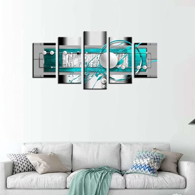 AWLXPHY Decor Abstract Wall Art Blue and White for Living Room Decor Geometric Canvas Painting Modern Simple Circle Round Line HD Print Artworks Giclee 5 Pieces (Blue, W60 x H30)