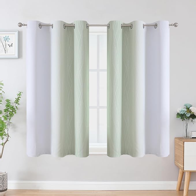 Estelar Textiler Sage Green and Greyish White Ombre Blackout Curtains 45 Inch Length 2 Panels, Full Room Darkening Drapes for Kitchen, Thermal Insulated Grommet Short Curtains for Bathroom,42Wx45L
