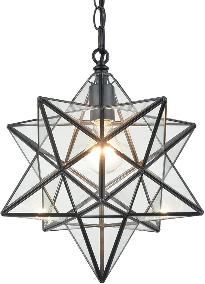 14'' Moravian Star Pendant Light Clear Glass Shade Hanging Star Lights with Adjustable Chain-E26 Dimmable Hanging Light for Kitchen Bedroom Entryway Foyer