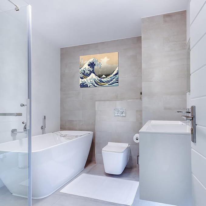 The Great Wave Off Kanagawa Japanese Bathroom Canvas Wall Art Famous Painting Print for Nursery Bedroom Boy's Room Kitchen Wall Decor Framed 12x16inch