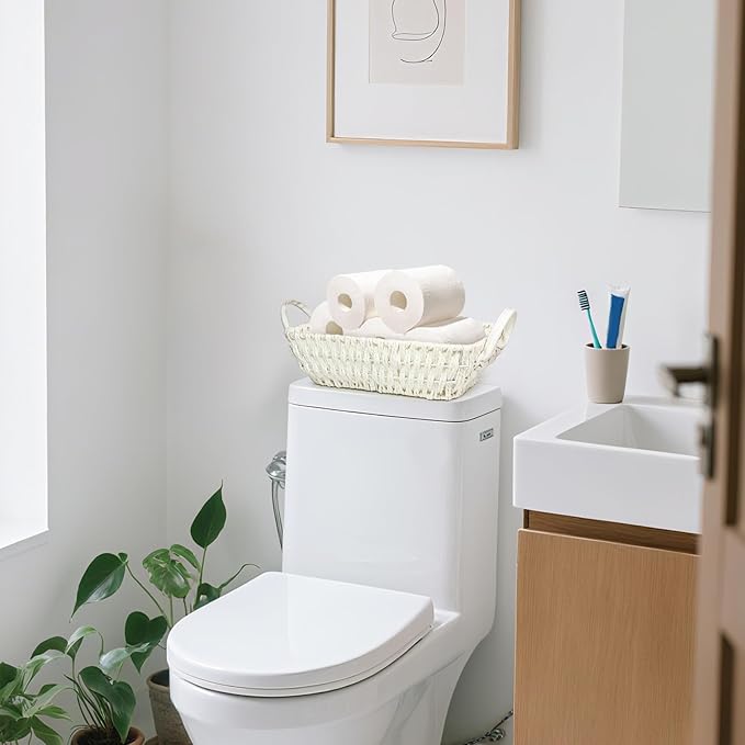 Paper Rope Woven Toilet Paper Basket, Small Wicker Storage Baskets for Organizing with Handles, Bedroom Decor Baskets Toilet Tank Shelf Storage Bins (Set of 2, White)