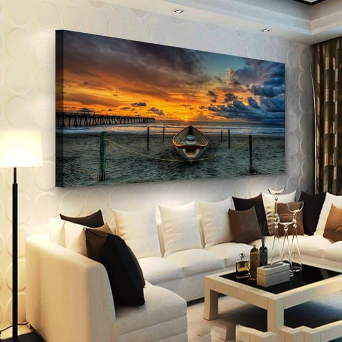 Beach Themed Wall Art Canvas Prints Seascape Poster Bathroom Décor Boat Ocean Sunset Landscape Paintings for Bedroom Dining Room Home Kitchen Decorations Natural Artwork 24x48 Picture Wooden Frames