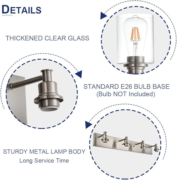 3-Lights Brushed Nickel Wall Sconce, Modern Bathroom Vanity Lights with Clear Glass Shades for Living Room Hallway Dress Table