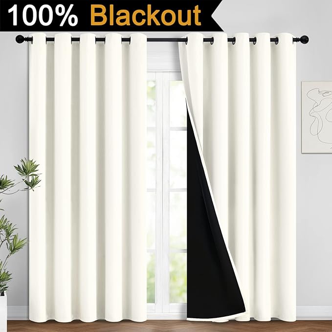 Yakamok Full Blackout Curtains 84 Inches Long,Blackout Curtain Panels for Bedroom, 2 Thick Layers Grommet Top Thermal Insulated Drapes with Black Liner for Living Room(62Wx84L, Cream, 2 Panels)