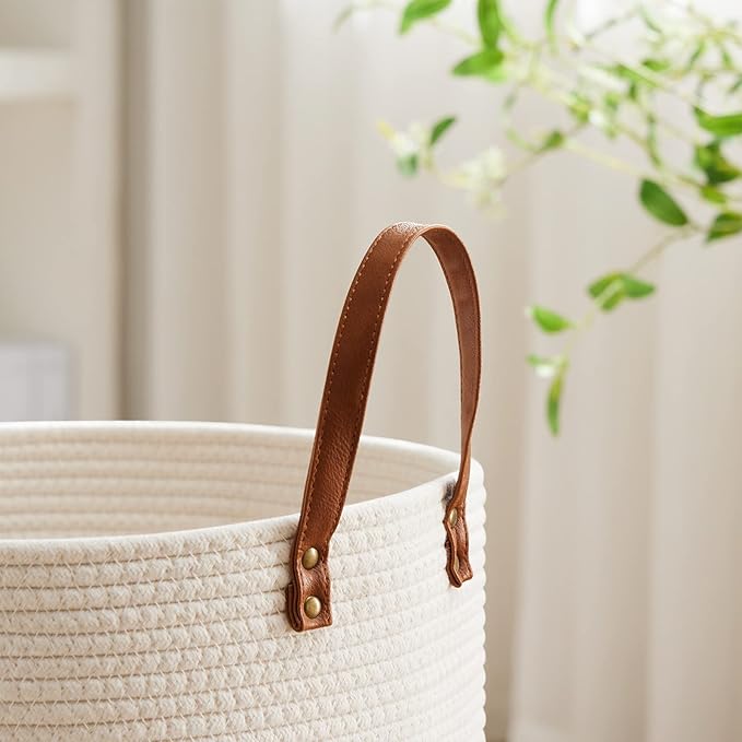 VIPOSCO Small Laundry Basket, Slim Baby Hamper with Leather Handle, Cute Woven Rope Storage Basket for Blanket, Kids Toy, Clothes In Living Room, Bathroom, Bedroom, Nursery Room - 30L White & Brown