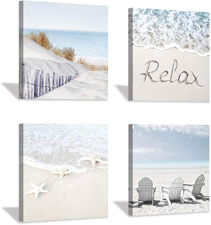Coastal Artwork Beach Wall Art: Starfish & Chairs on Sand Painting with Word Picture on Canvas for Living Room (12” x 12'' x 4 Panels)