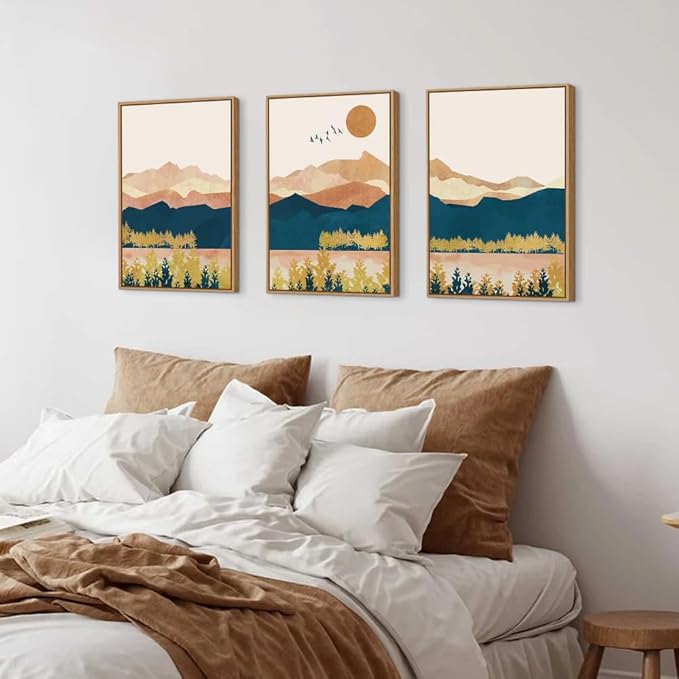 HPINUB Mountain Framed Canvas Wall Art Set, Mid Century Modern Wall Decor, Set of 3 Boho Artwork Nature Art Paintings, Bohemian Art Prints for Living Room, Bedroom, Dining Room, Office - 16"x24"x3