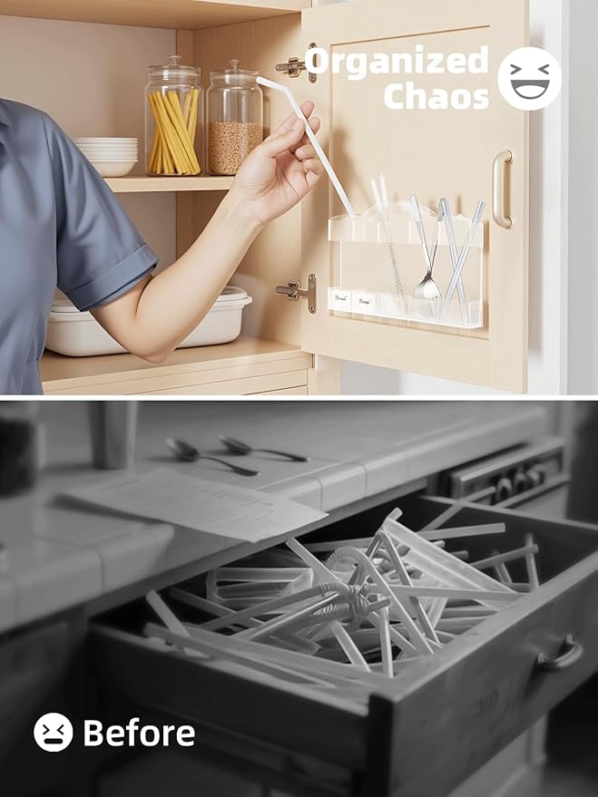 9.8" Acrylic Straw Holder for Cabinet Door - 5-Compartment Organizer with Ultra-Sticky Adhesive, Storage for Reusable Straws and Brushes, Kitchen & RV Essensials