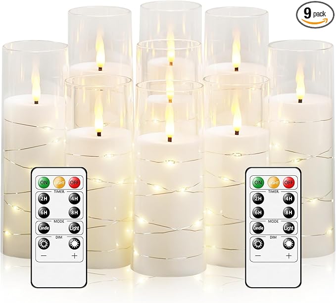 Flameless LED Candles with Timer 9 Pc Flickering Flameless Candles for Romantic Ambiance and Home Decoration Stable Acrylic Shell,with Embedded Star String，Battery Operated Candles（White）